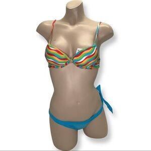 Recco Size Medium Brazilian Teal And Multi Stripes Bikini Set. New With Tags